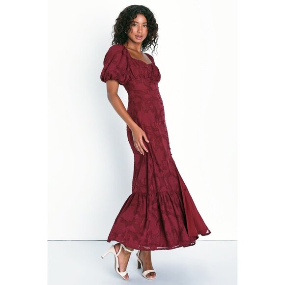 Lulus Everlasting Charm Floral Jacquard Midi Dress w/Button Front & Puff Sleeve - Picture 3 of 6